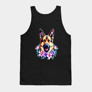 German Shepherd Dog Surrounded by Beautiful Spring Flowers Tank Top